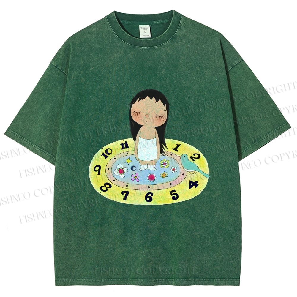Unisex Yuy Standing on Clock Printed Washed Tee