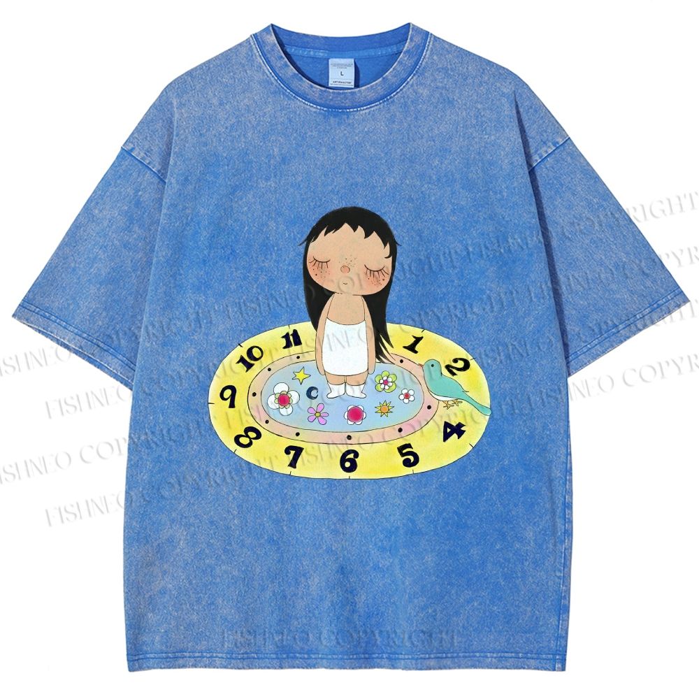 Unisex Yuy Standing on Clock Printed Washed Tee