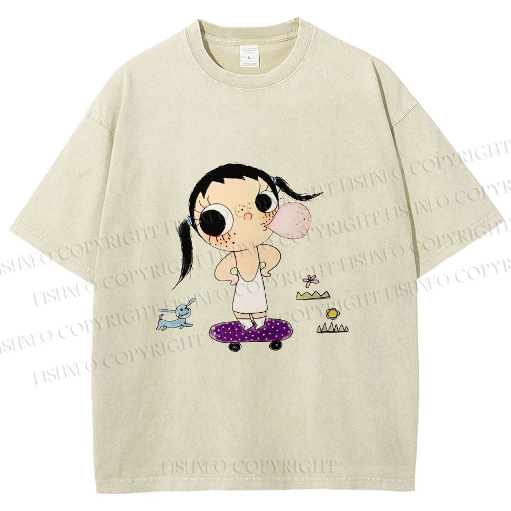 Unisex Yuy Blowing Gum Bubbles Printed Washed Tee