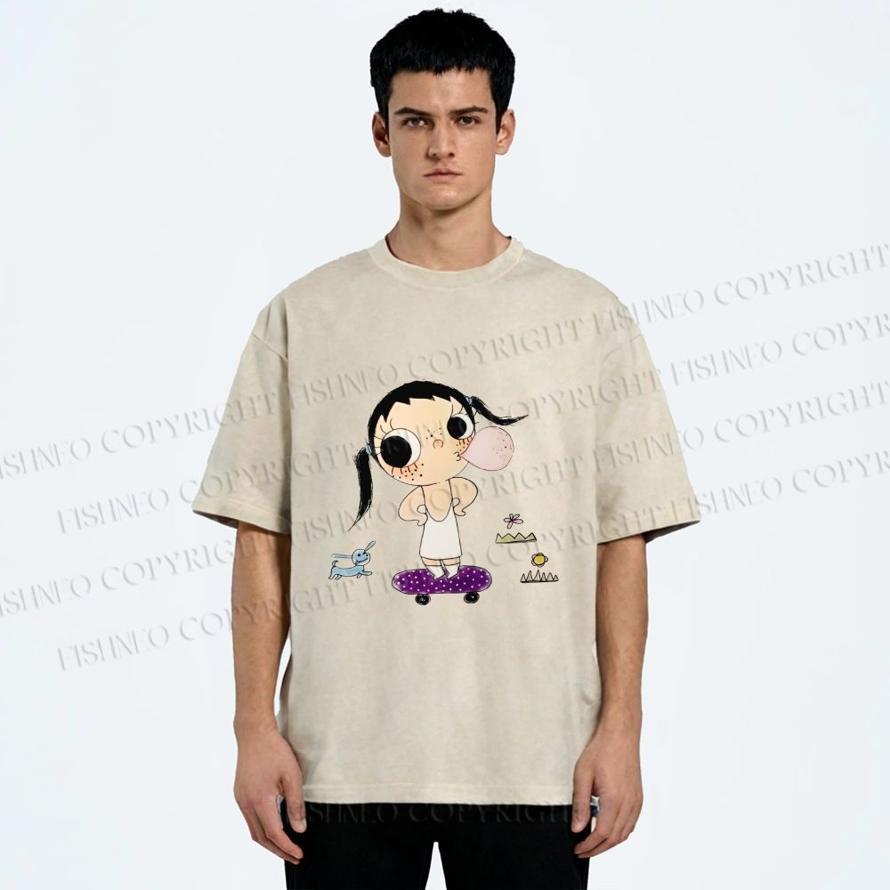 Unisex Yuy Blowing Gum Bubbles Printed Washed Tee
