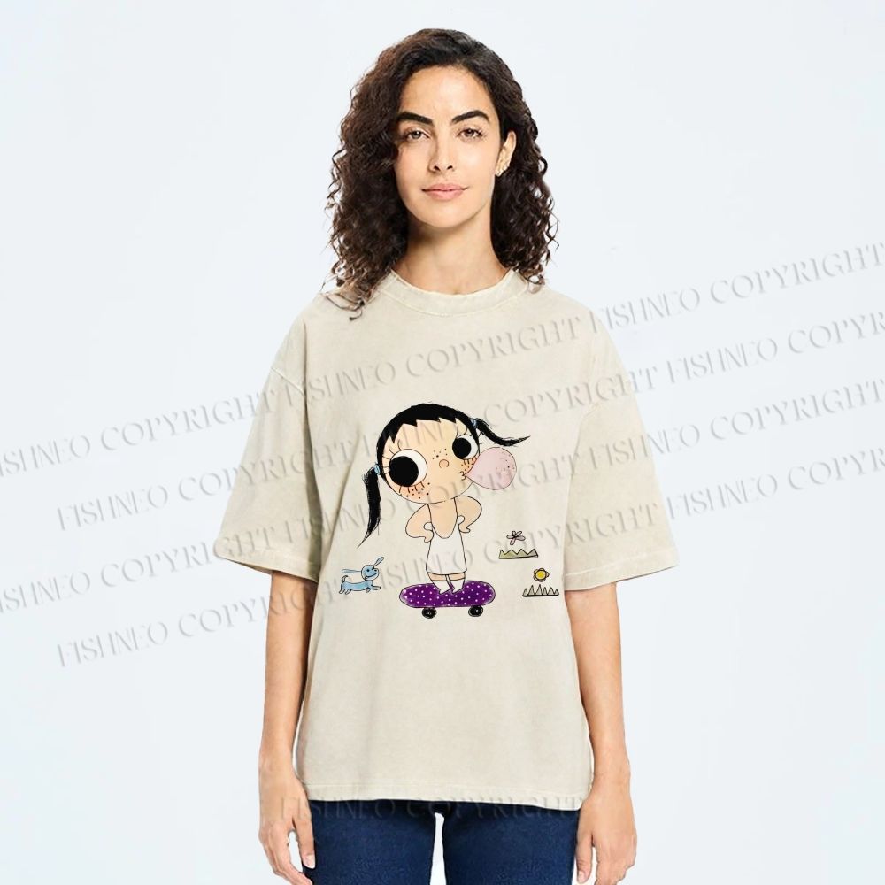 Unisex Yuy Blowing Gum Bubbles Printed Washed Tee