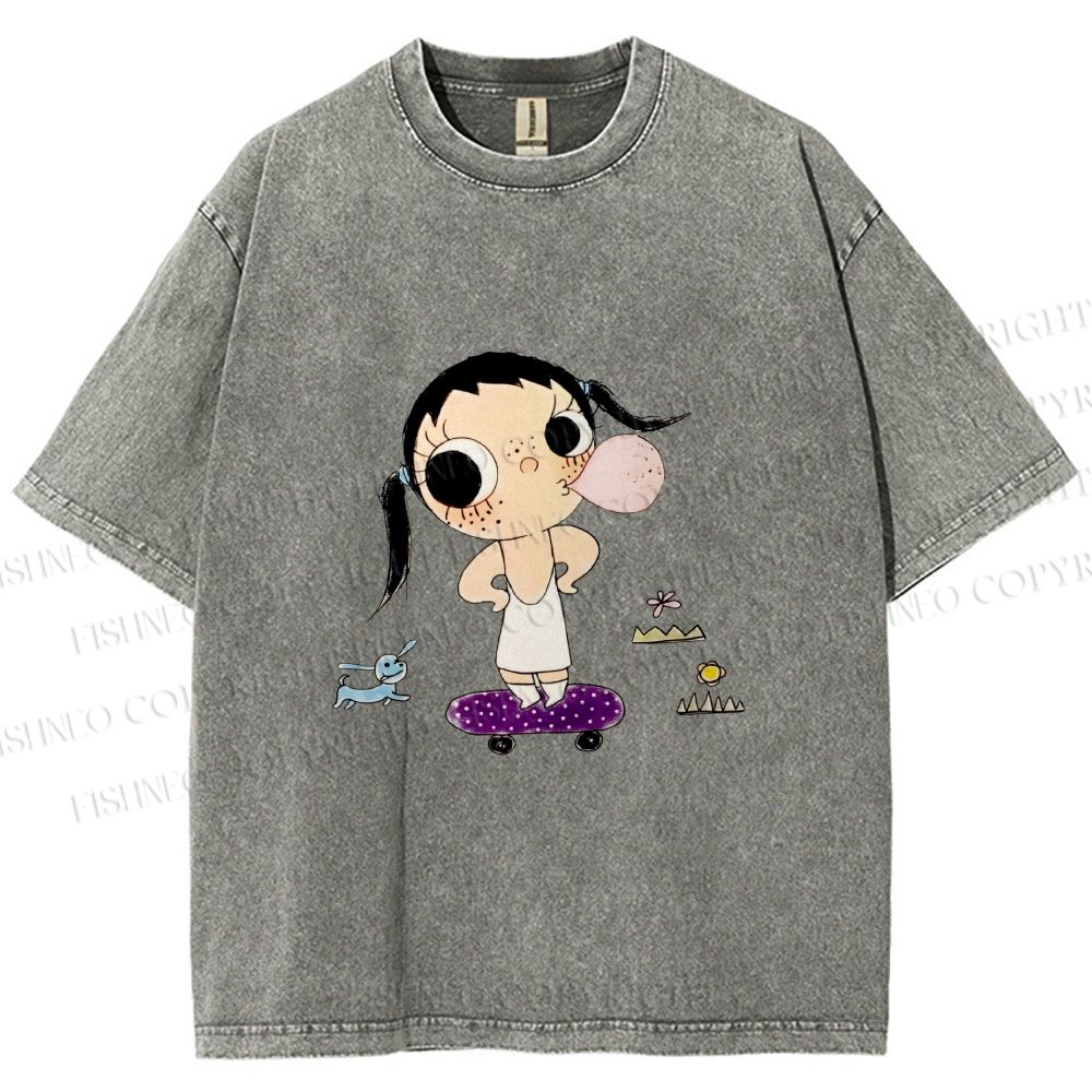 Unisex Yuy Blowing Gum Bubbles Printed Washed Tee