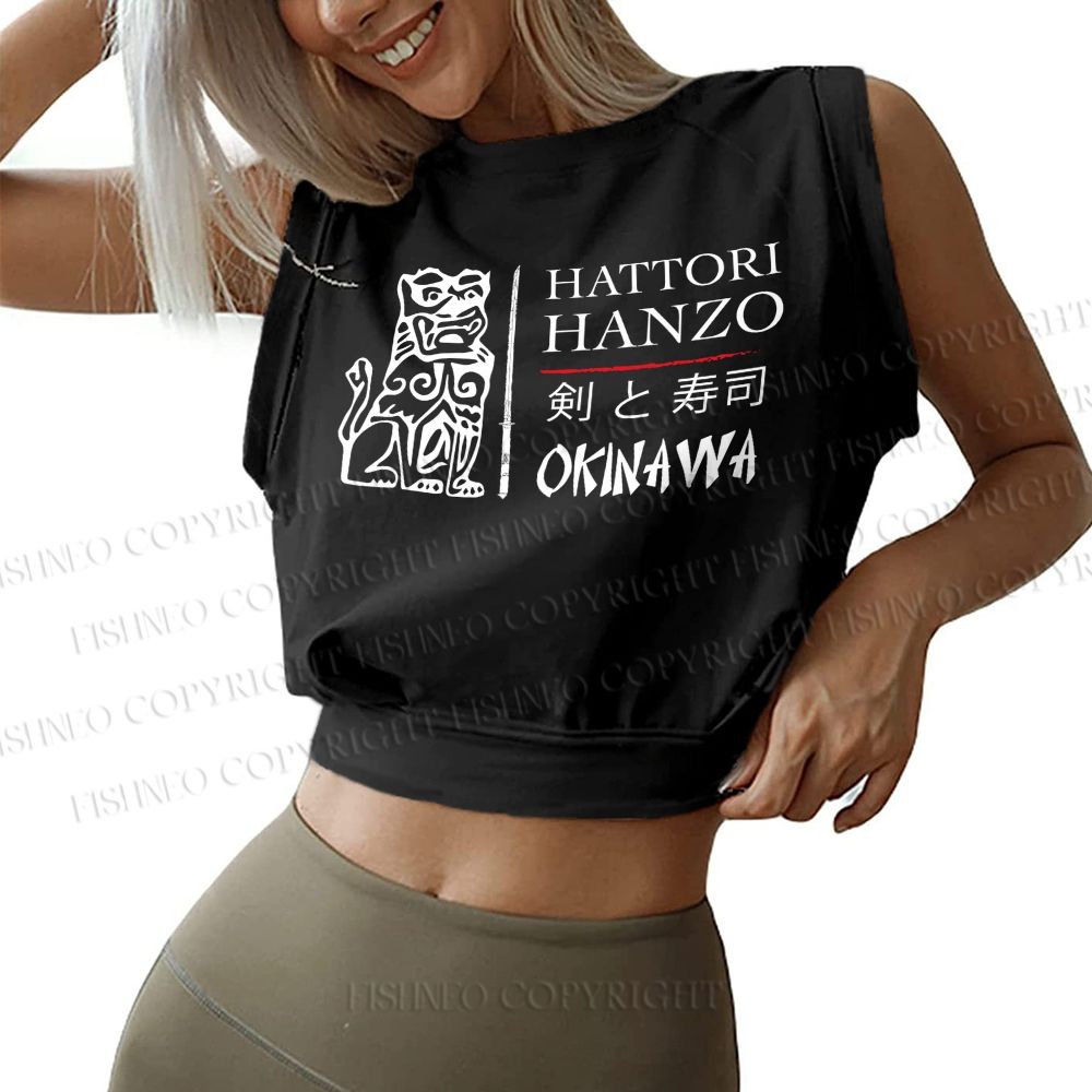 Kill Bill Hattori Hanzo Sword and Sushi Printed Sleeveless Crop Tops