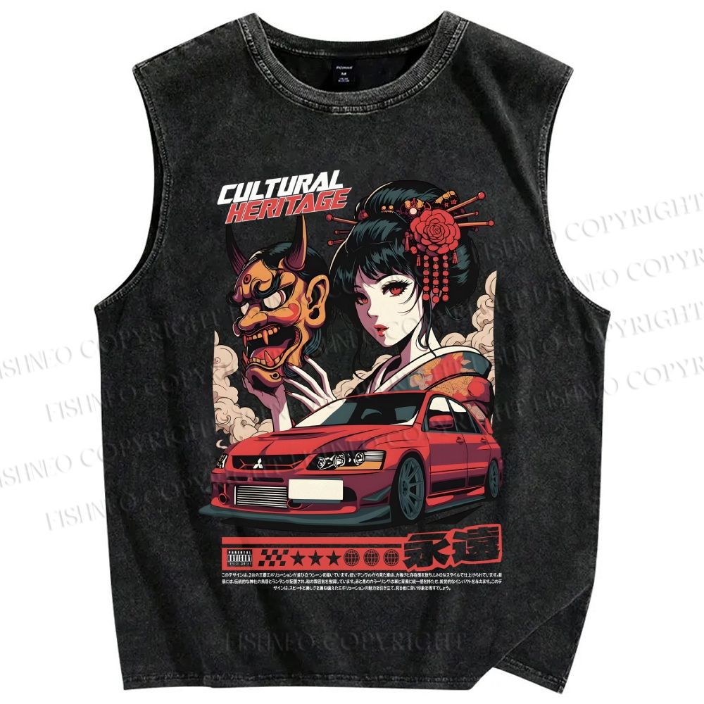Unisex Japanese Heritage Car Art Printed Washed Tank Top