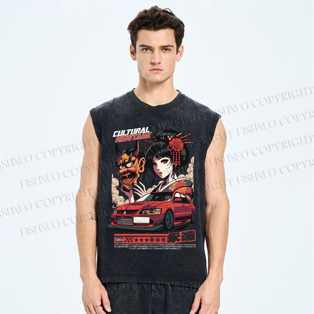 Unisex Japanese Heritage Car Art Printed Washed Tank Top