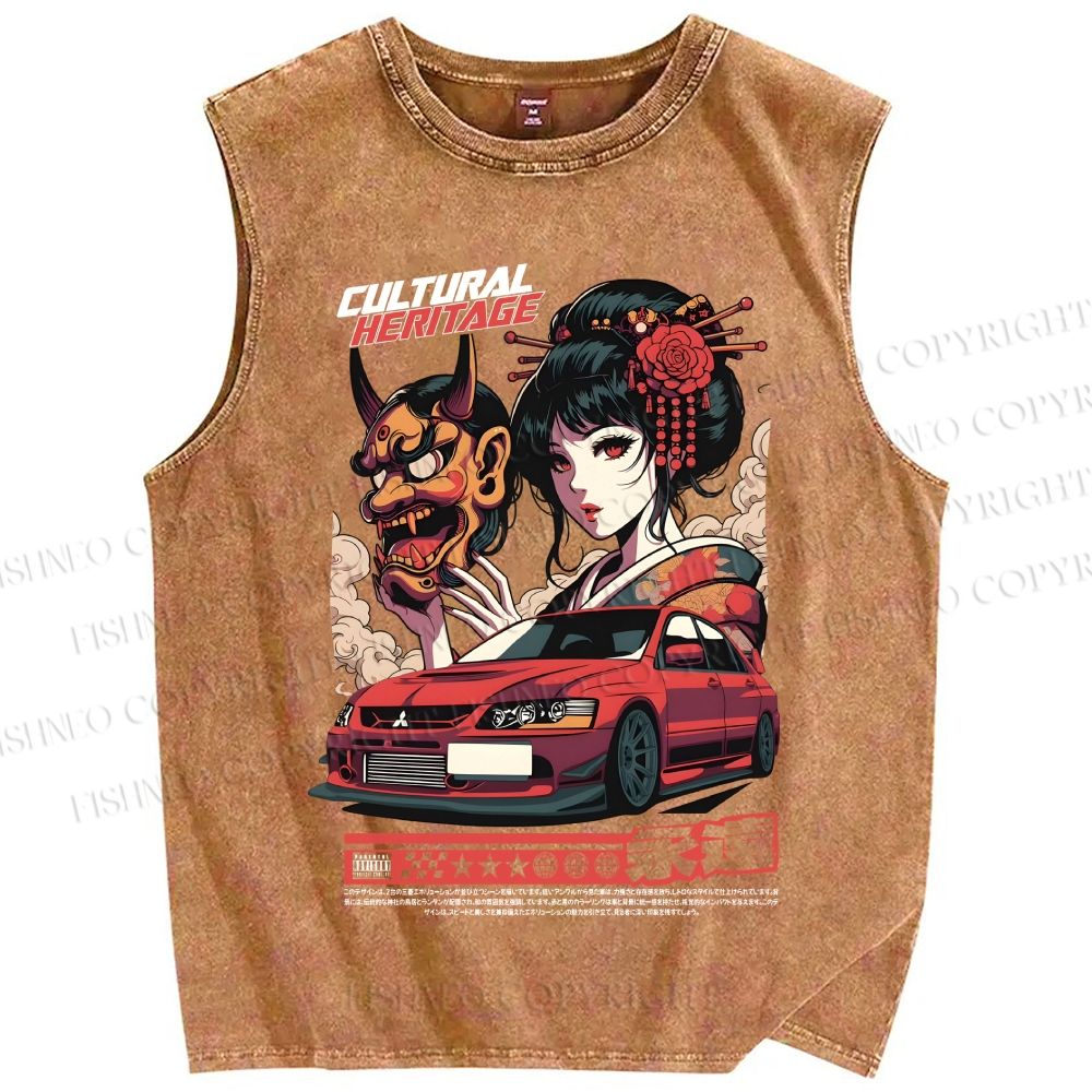 Unisex Japanese Heritage Car Art Printed Washed Tank Top