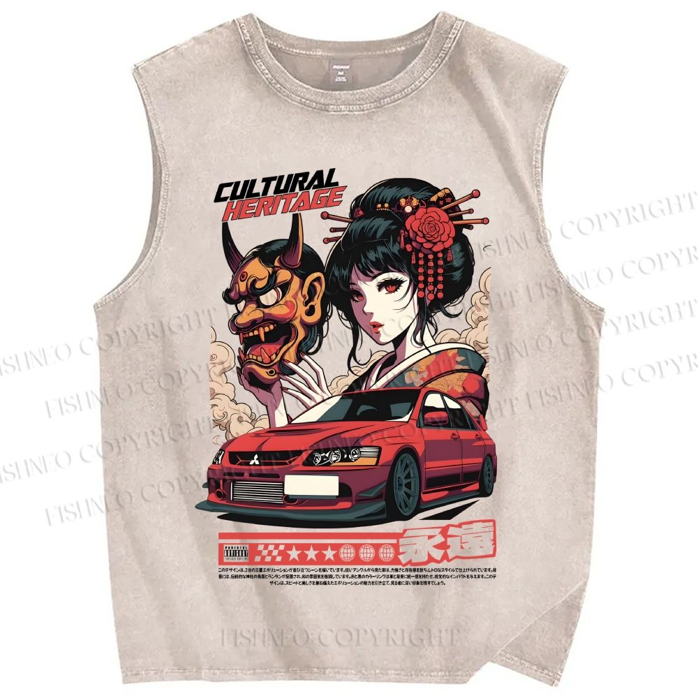 Unisex Japanese Heritage Car Art Printed Washed Tank Top