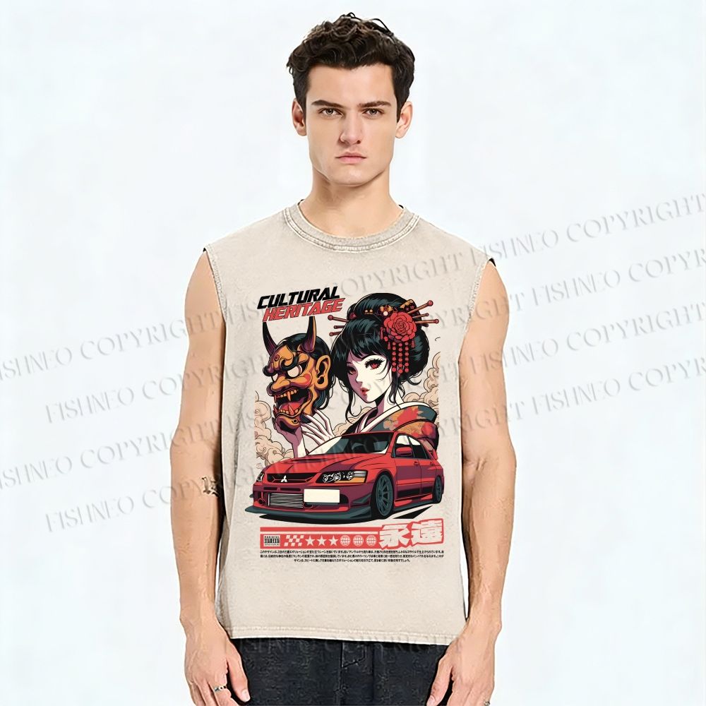 Unisex Japanese Heritage Car Art Printed Washed Tank Top