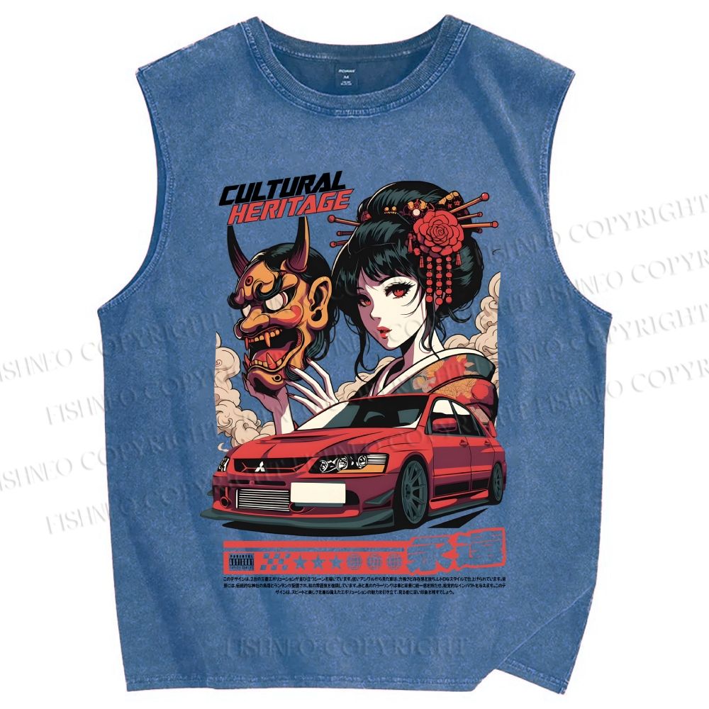 Unisex Japanese Heritage Car Art Printed Washed Tank Top