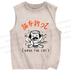 Unisex Save the Cat Japanese Printed Washed Tank Top