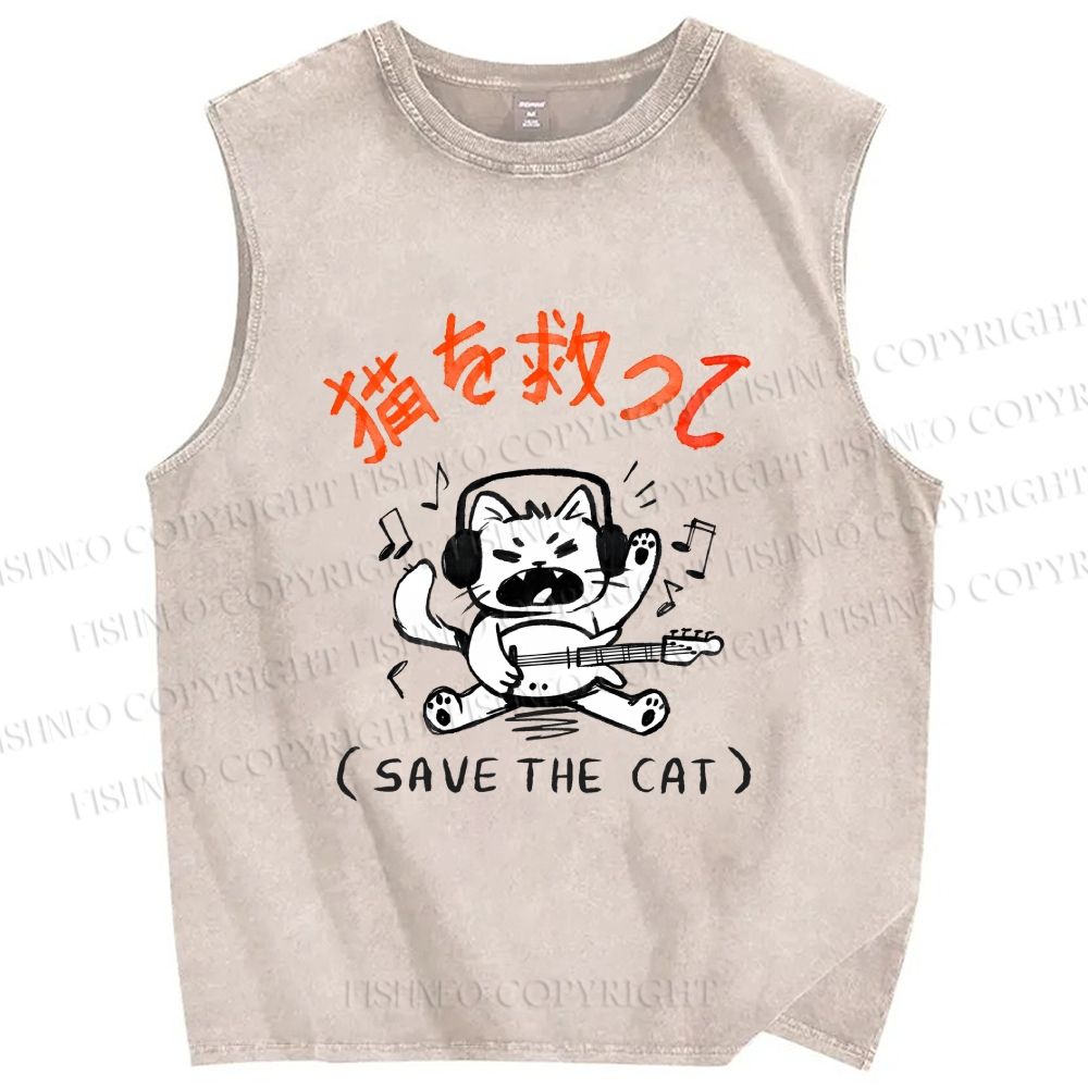 Unisex Save the Cat Japanese Printed Washed Tank Top