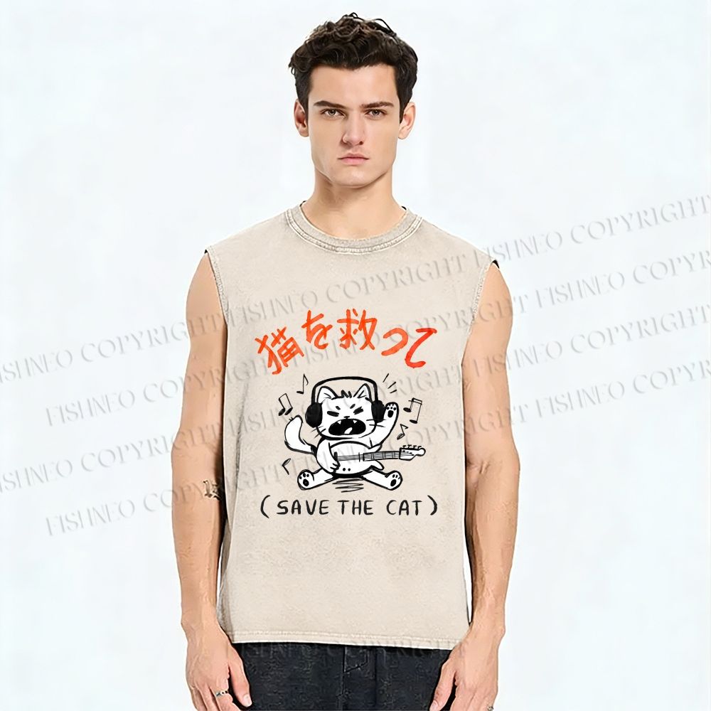 Unisex Save the Cat Japanese Printed Washed Tank Top