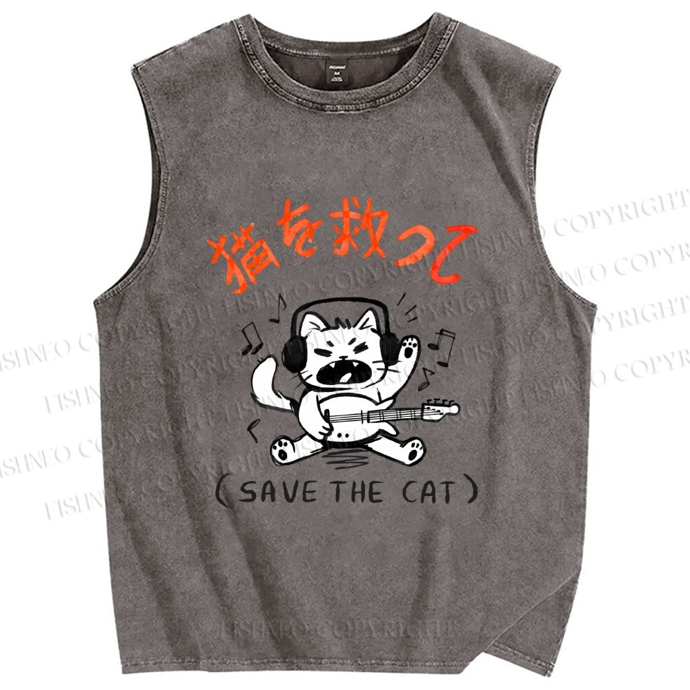 Unisex Save the Cat Japanese Printed Washed Tank Top