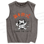 Unisex Save the Cat Japanese Printed Washed Tank Top