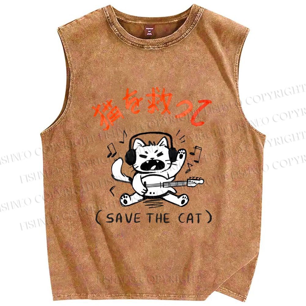 Unisex Save the Cat Japanese Printed Washed Tank Top