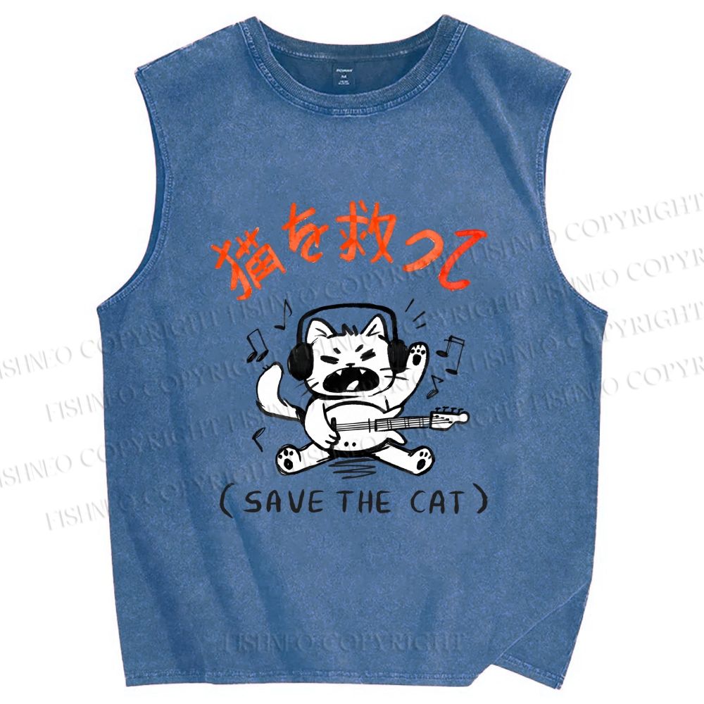 Unisex Save the Cat Japanese Printed Washed Tank Top
