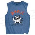 Unisex Save the Cat Japanese Printed Washed Tank Top