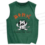 Unisex Save the Cat Japanese Printed Washed Tank Top