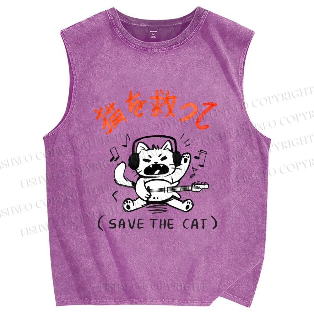 Unisex Save the Cat Japanese Printed Washed Tank Top