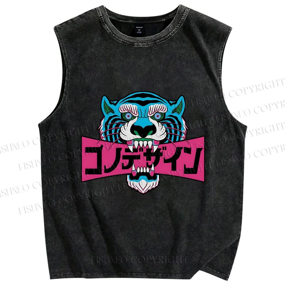 Unisex Blue Tiger Printed Washed Tank Top