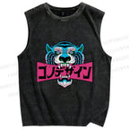 Unisex Blue Tiger Printed Washed Tank Top