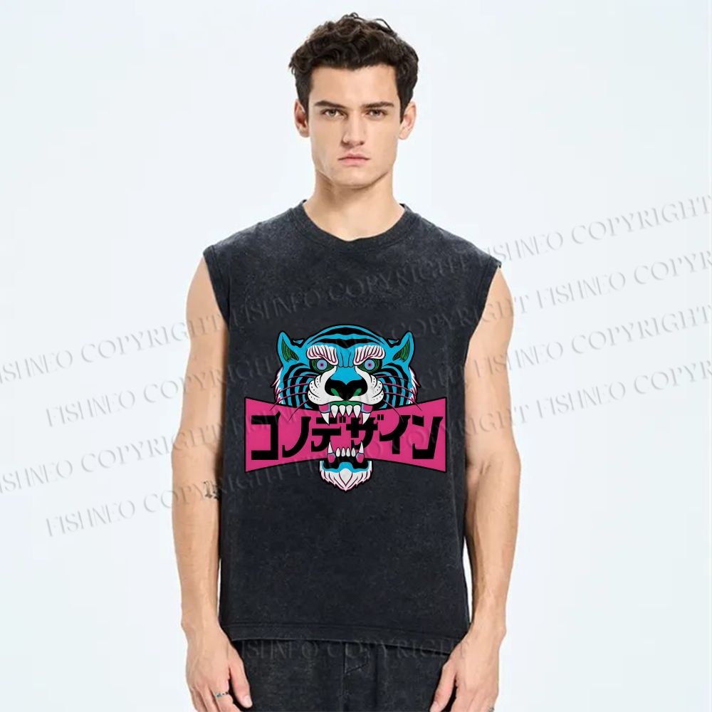 Unisex Blue Tiger Printed Washed Tank Top