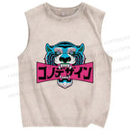 Unisex Blue Tiger Printed Washed Tank Top