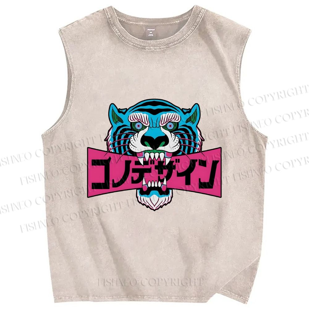 Unisex Blue Tiger Printed Washed Tank Top