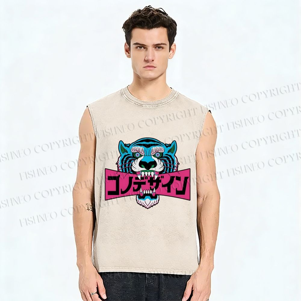 Unisex Blue Tiger Printed Washed Tank Top