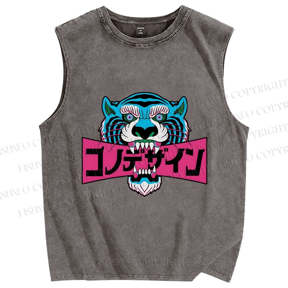 Unisex Blue Tiger Printed Washed Tank Top