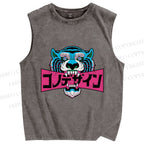 Unisex Blue Tiger Printed Washed Tank Top