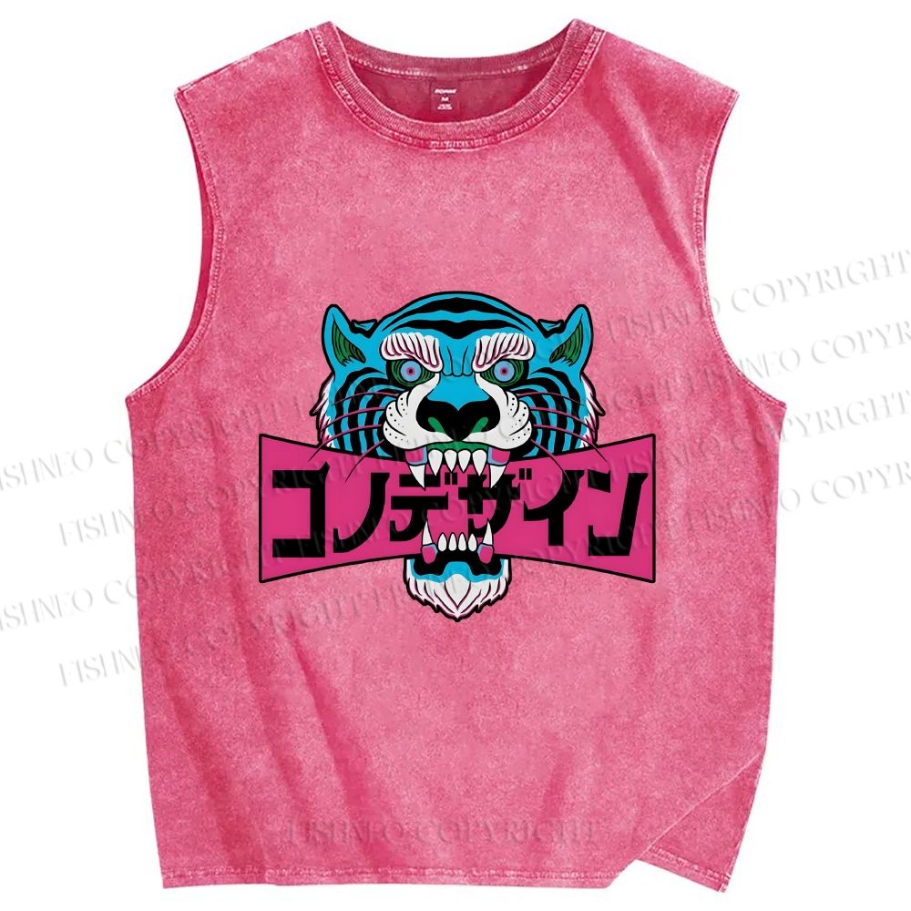 Unisex Blue Tiger Printed Washed Tank Top