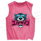 Unisex Blue Tiger Printed Washed Tank Top