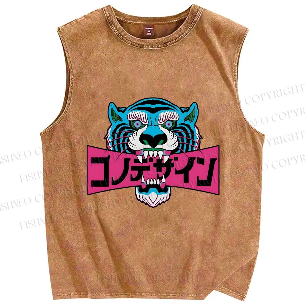 Unisex Blue Tiger Printed Washed Tank Top