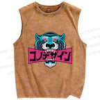 Unisex Blue Tiger Printed Washed Tank Top