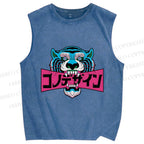 Unisex Blue Tiger Printed Washed Tank Top