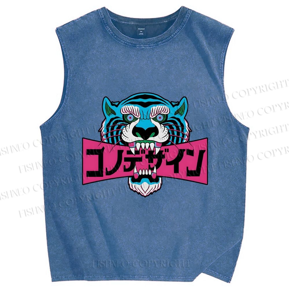 Unisex Blue Tiger Printed Washed Tank Top