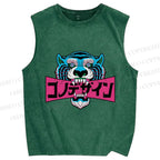 Unisex Blue Tiger Printed Washed Tank Top