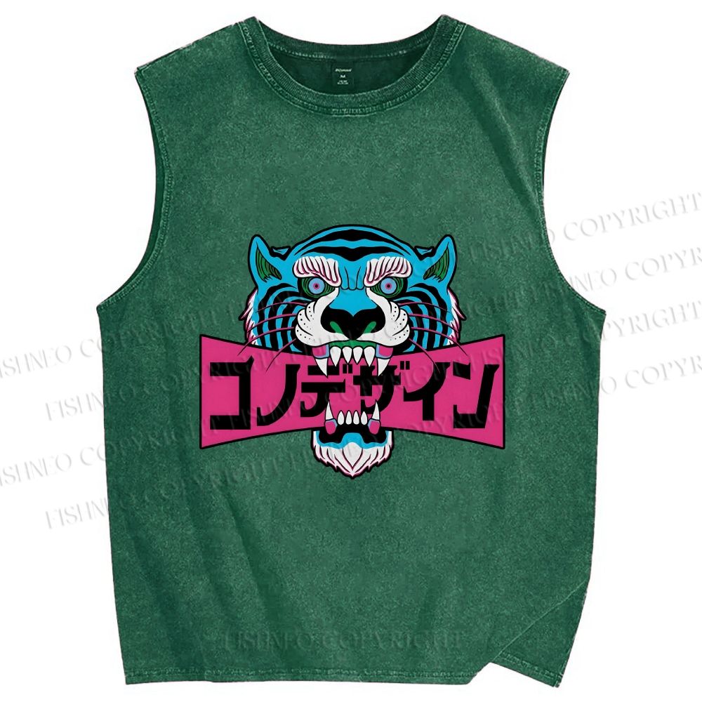 Unisex Blue Tiger Printed Washed Tank Top