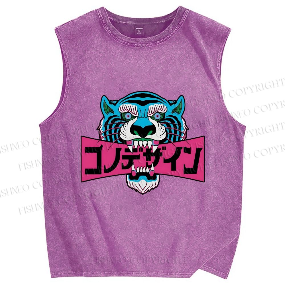 Unisex Blue Tiger Printed Washed Tank Top