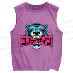 Unisex Blue Tiger Printed Washed Tank Top