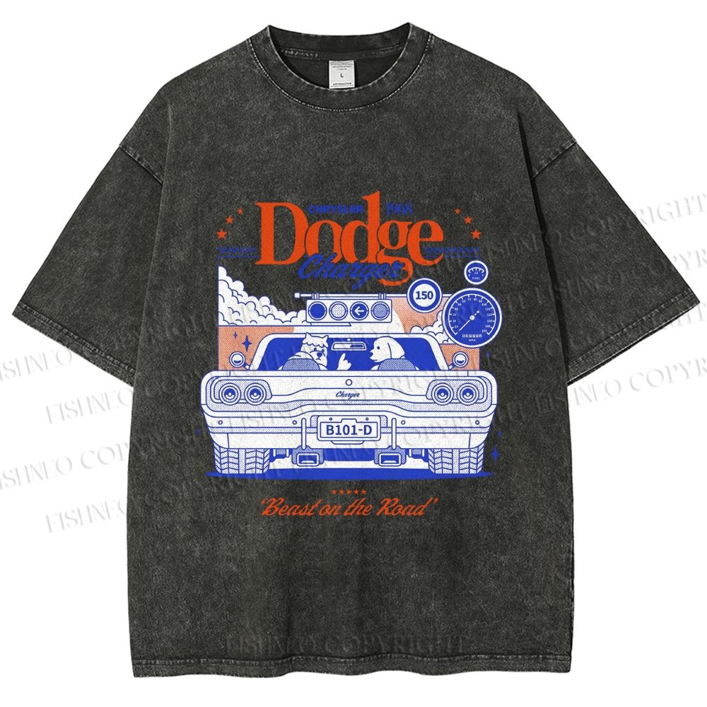 Unisex Dog Beast on the Road Printed Washed Tee