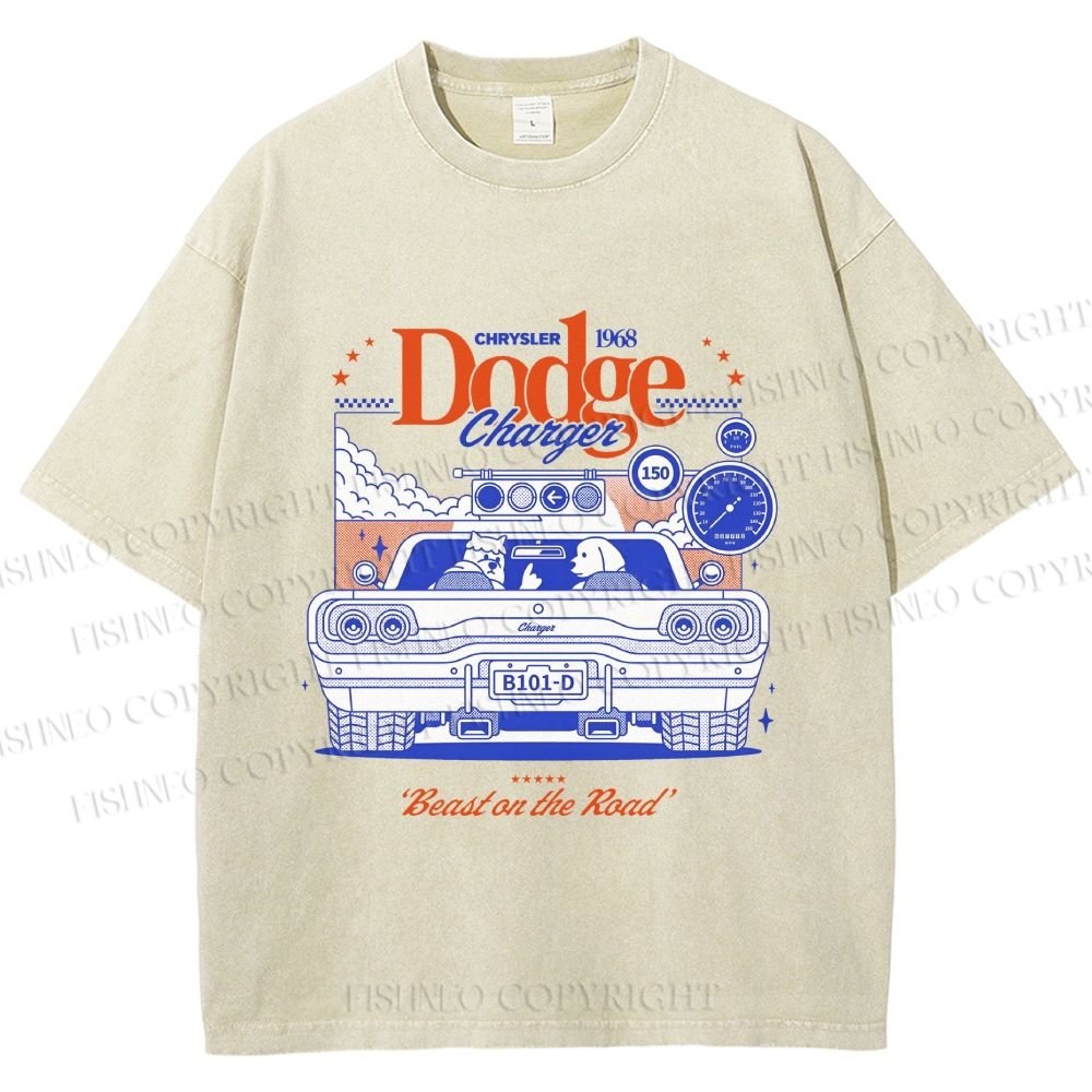 Unisex Dog Beast on the Road Printed Washed Tee