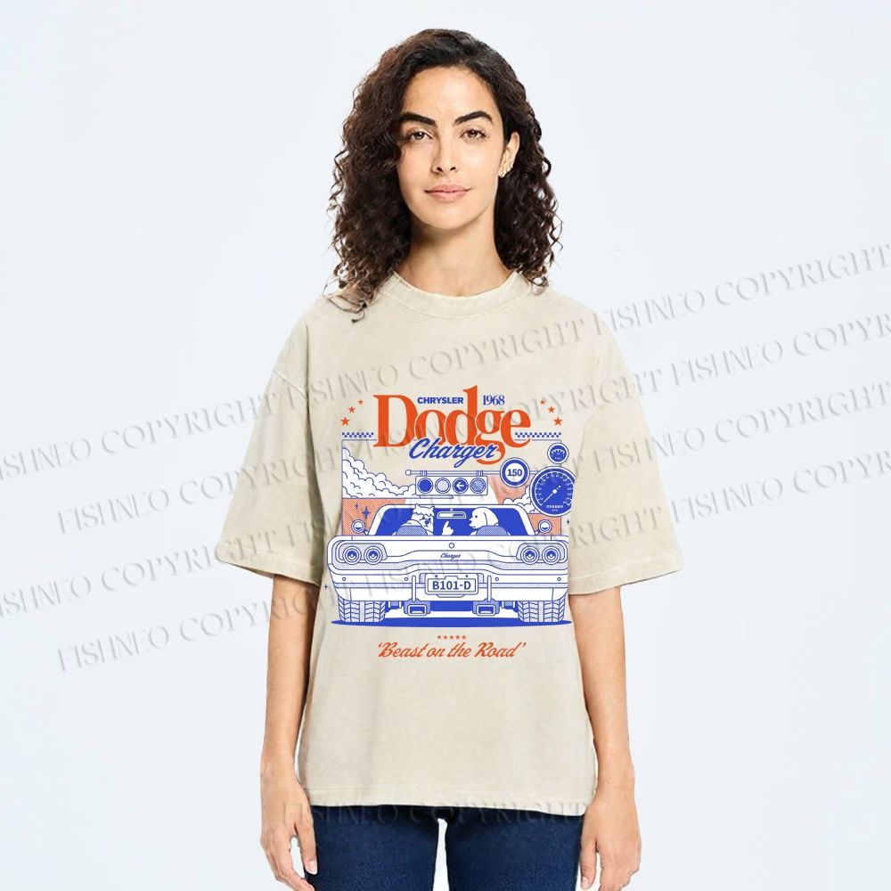 Unisex Dog Beast on the Road Printed Washed Tee