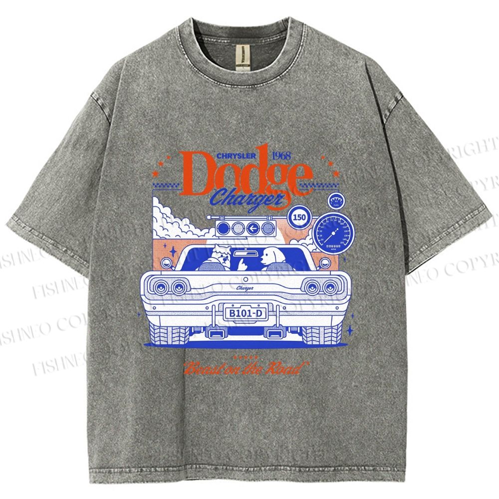 Unisex Dog Beast on the Road Printed Washed Tee