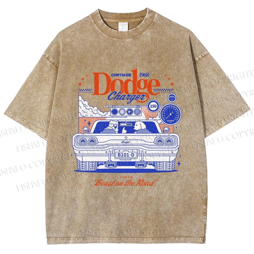 Unisex Dog Beast on the Road Printed Washed Tee