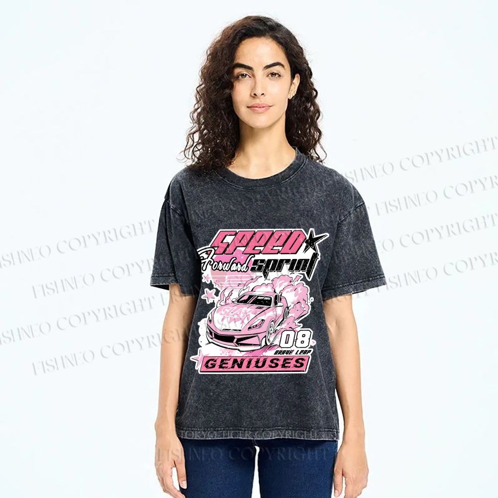 Unisex Speed Sprint Pink Slay Racing Car Printed Washed Tee