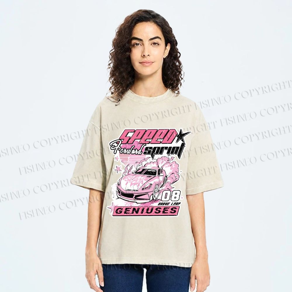 Unisex Speed Sprint Pink Slay Racing Car Printed Washed Tee