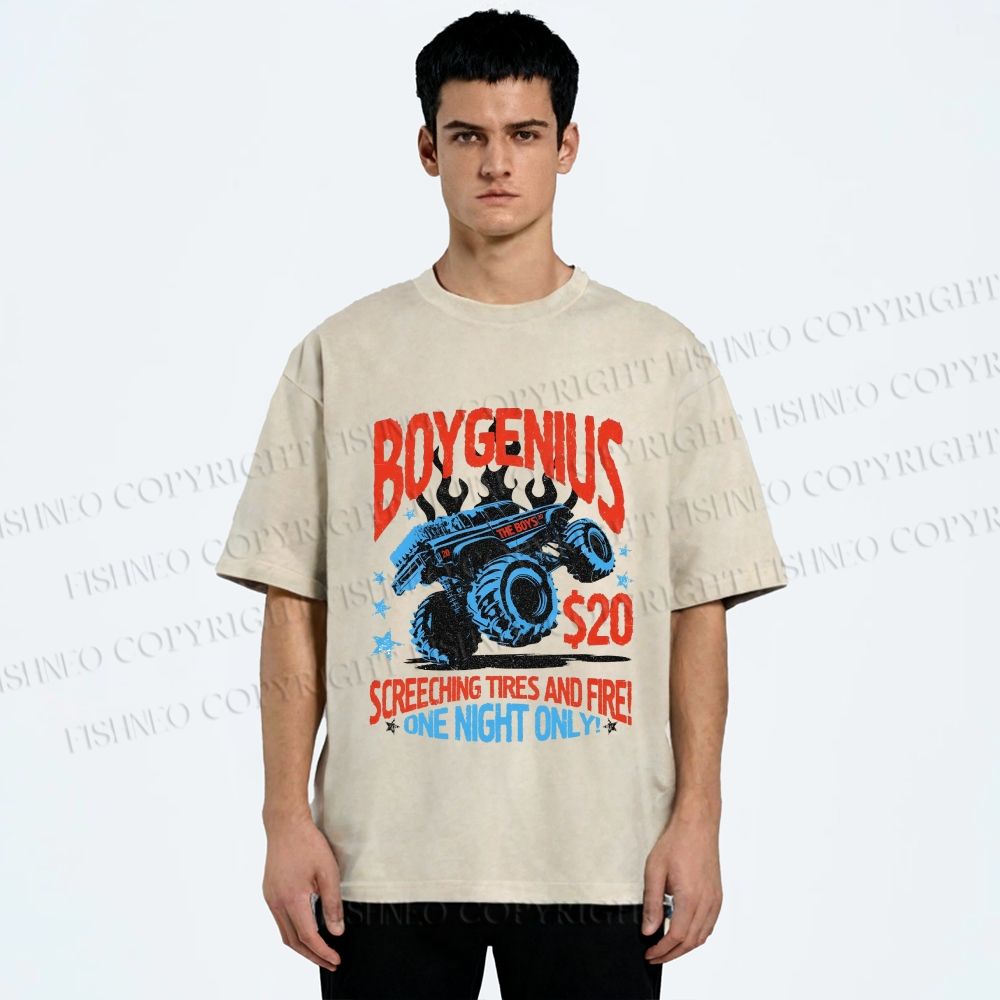 Unisex Monster Truck in Flame Printed Washed Tee