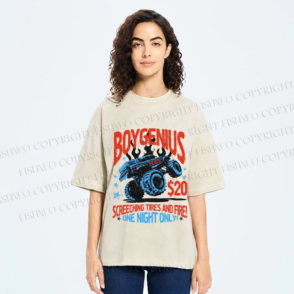 Unisex Monster Truck in Flame Printed Washed Tee